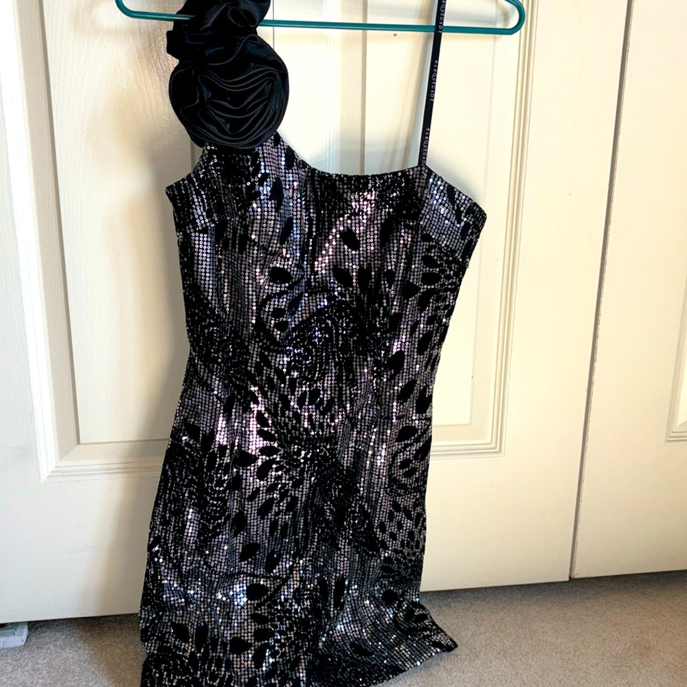 Vintage velvety mini dress with sequin and satin roses one strap dress size 5/6